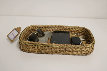 Home&Manor 12" Small Rectangular Brass Bordered Rattan Tray