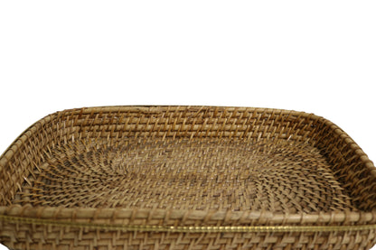 Home&Manor 15" Large Rectangular Brass Bordered Rattan Tray