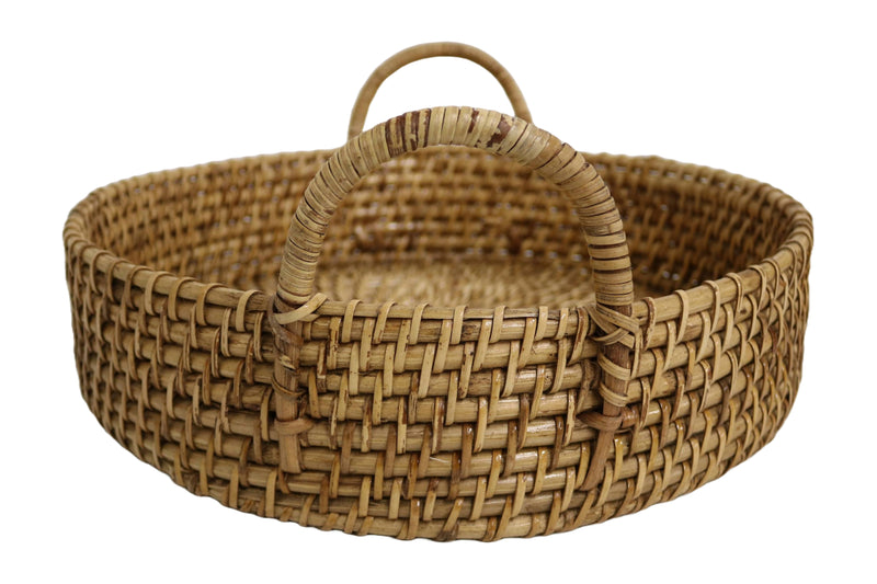 Home&Manor 14" Rattan Round Tray with Handles