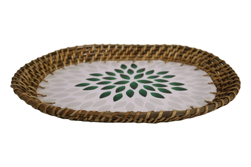 Home&Manor 13" Rattan Oval Tray with Mosaic Wooden Base