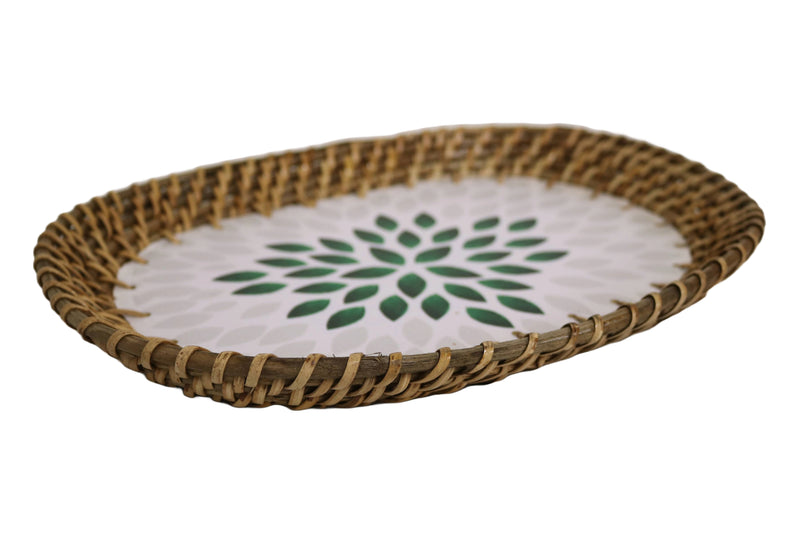 Home&Manor 13" Rattan Oval Tray with Mosaic Wooden Base