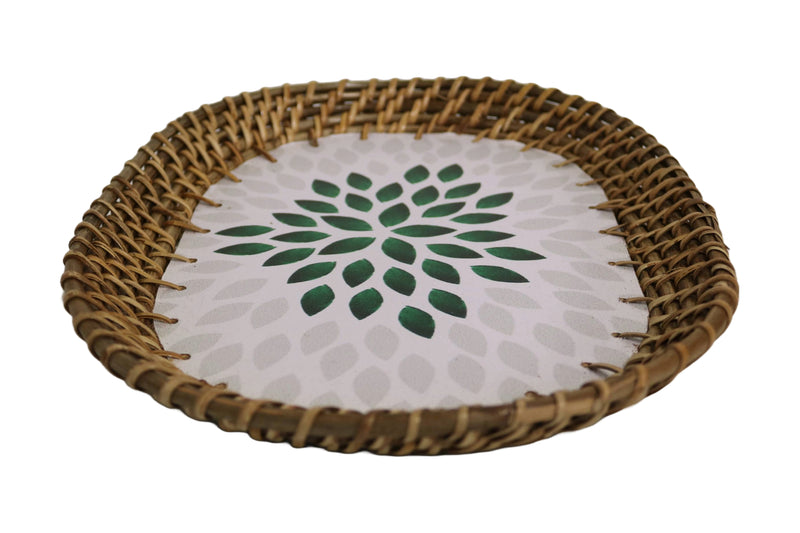 Home&Manor 13" Rattan Oval Tray with Mosaic Wooden Base