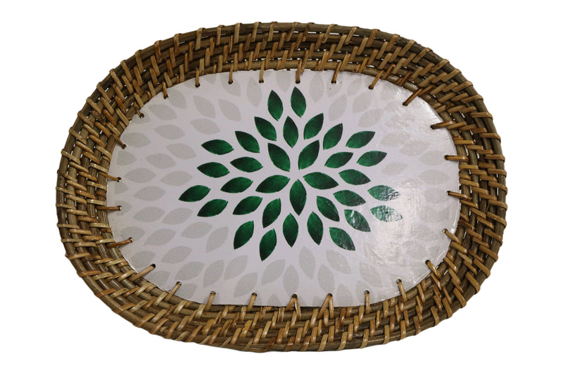 Home&Manor 13" Rattan Oval Tray with Mosaic Wooden Base