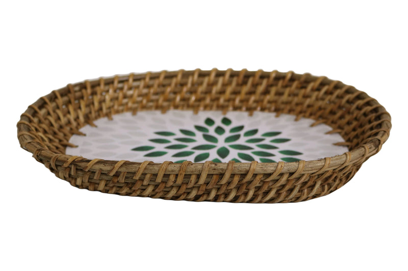 Home&Manor 10" Rattan Oval Tray with Mosaic Wooden Base