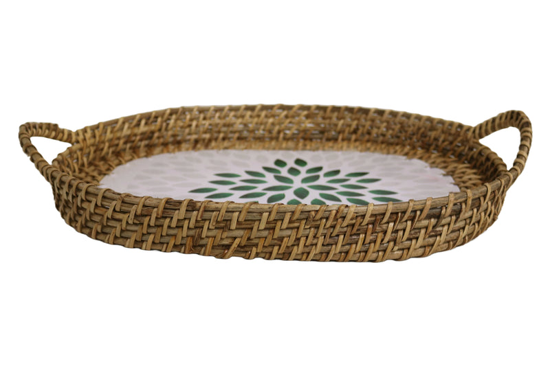 Home&Manor 14" Rattan Oval Tray with Mosaic Wooden Base and Handles