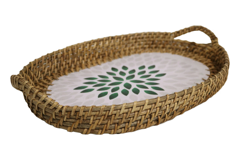 Home&Manor 14" Rattan Oval Tray with Mosaic Wooden Base and Handles