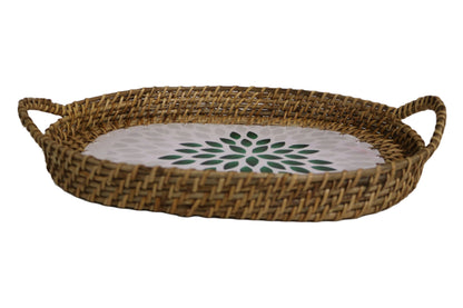 Home&Manor 14" Rattan Oval Tray with Mosaic Wooden Base and Handles