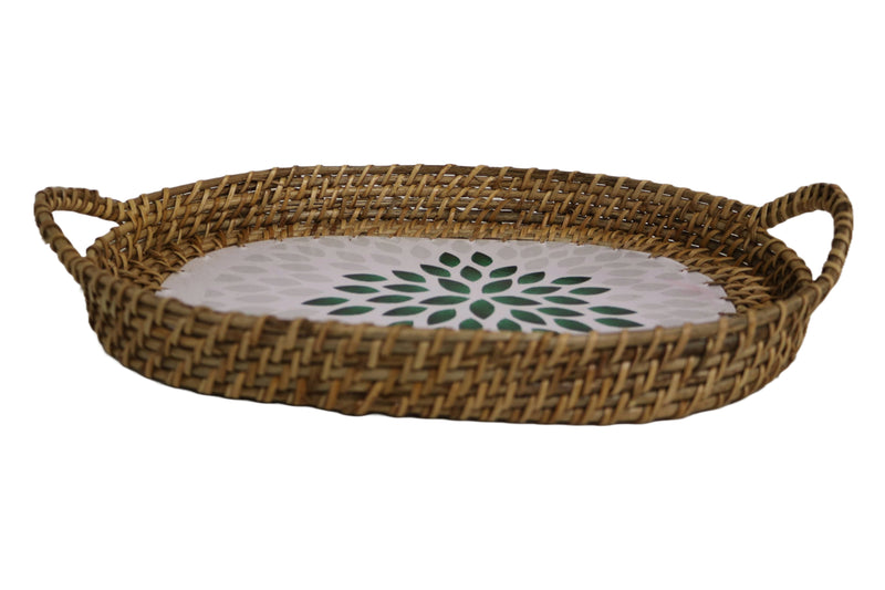 Home&Manor 14" Rattan Oval Tray with Mosaic Wooden Base and Handles