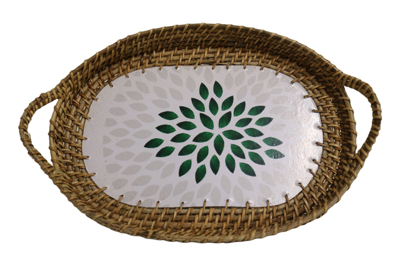 Home&Manor 14" Rattan Oval Tray with Mosaic Wooden Base and Handles