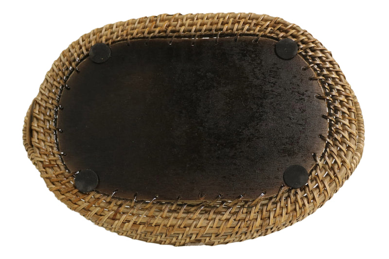 Home&Manor 14" Rattan Oval Tray with Mosaic Wooden Base and Handles