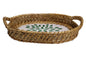Home&Manor 11" Rattan Oval Tray with Mosaic Wooden Base and Handles