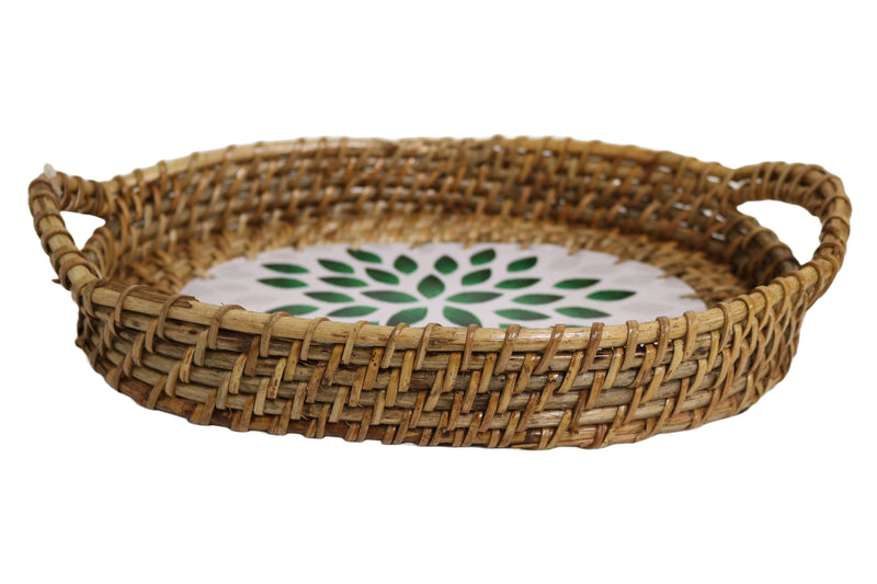 Home&Manor 11" Rattan Oval Tray with Mosaic Wooden Base and Handles