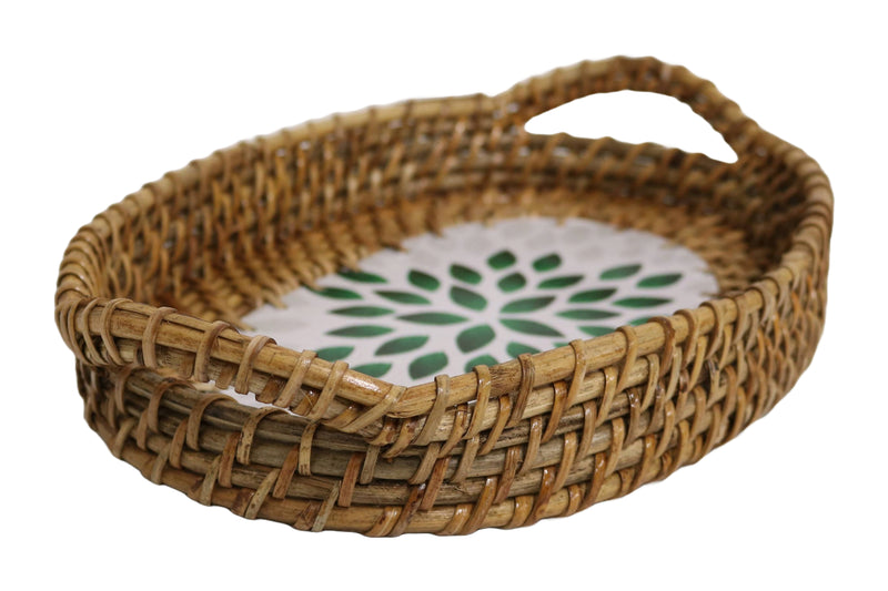 Home&Manor 11" Rattan Oval Tray with Mosaic Wooden Base and Handles