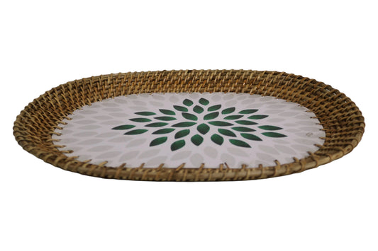 Home&Manor 16" Rattan Oval Tray with Mosaic Wooden Base