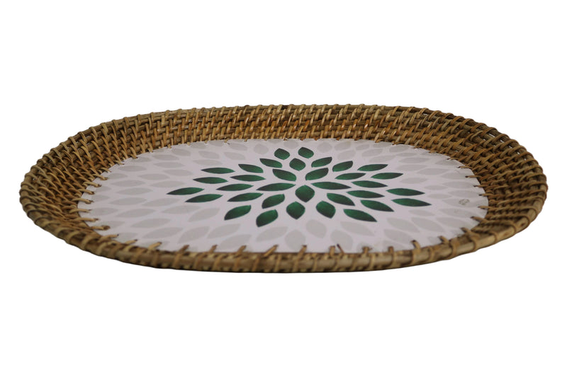 Home&Manor 16" Rattan Oval Tray with Mosaic Wooden Base