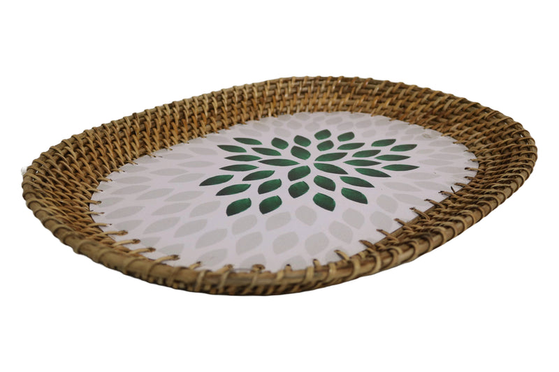 Home&Manor 16" Rattan Oval Tray with Mosaic Wooden Base