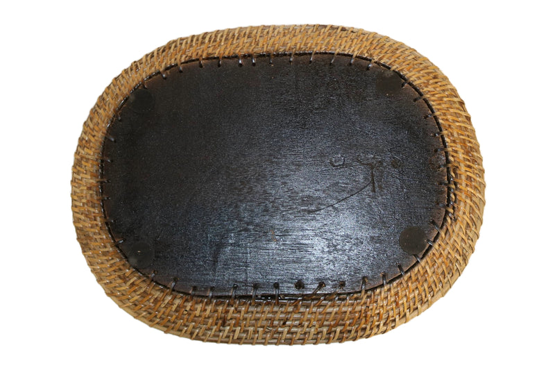 Home&Manor 16" Rattan Oval Tray with Mosaic Wooden Base