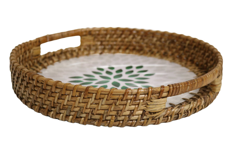 Home&Manor 11.8" Rattan Round Tray with Mosaic Wooden Base and Handles