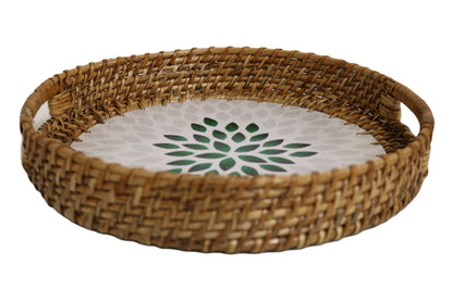 Home&Manor 11.8" Rattan Round Tray with Mosaic Wooden Base and Handles