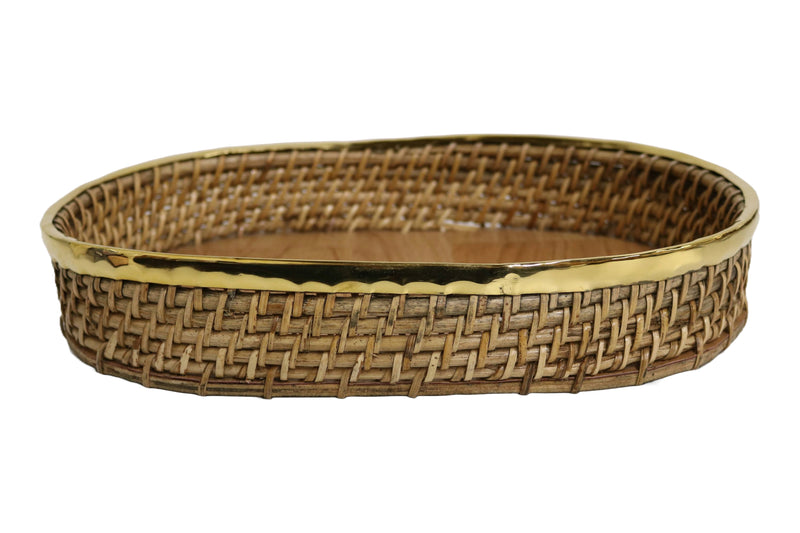 Home&Manor 12" Rattan Oval Brass Rim Tray with Wooden Base