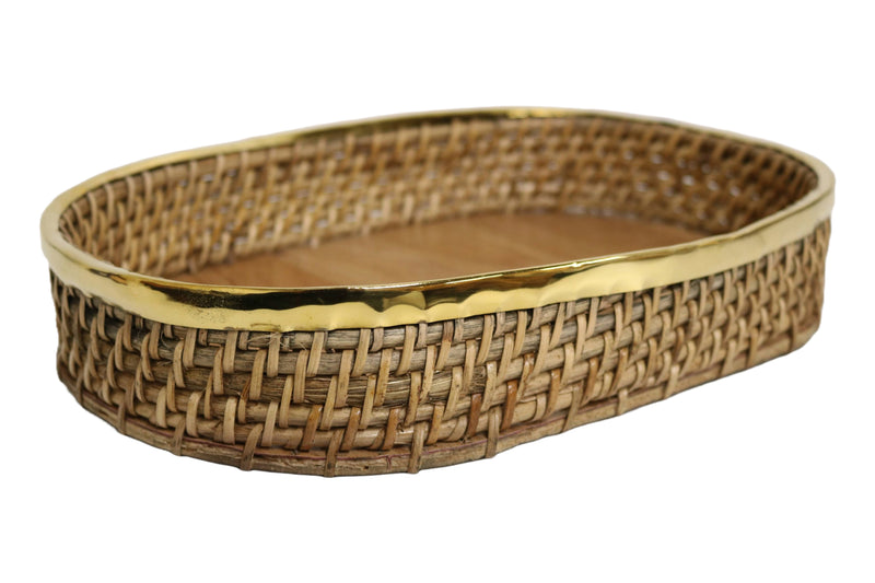 Home&Manor 12" Rattan Oval Brass Rim Tray with Wooden Base