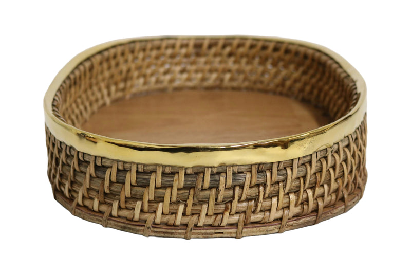 Home&Manor 12" Rattan Oval Brass Rim Tray with Wooden Base