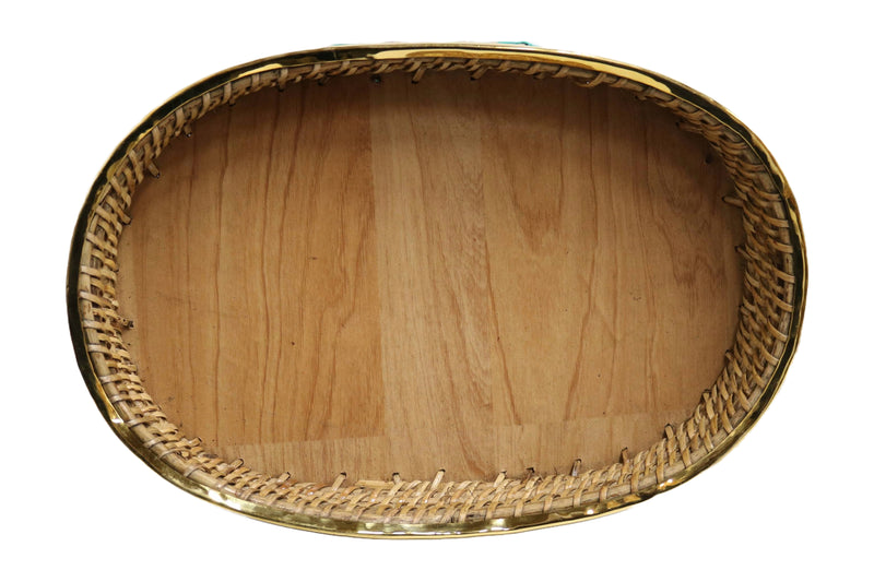 Home&Manor 12" Rattan Oval Brass Rim Tray with Wooden Base