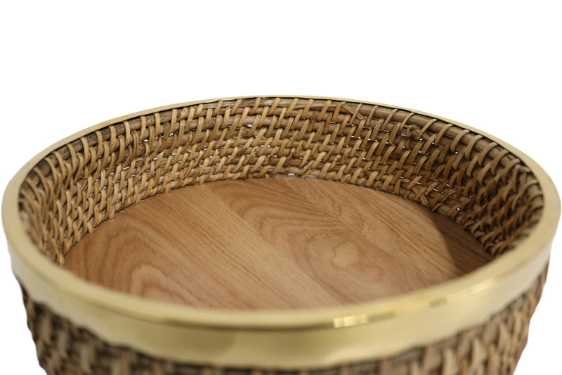 Home&Manor 11" Rattan Oval Brass Rim Tray with Wooden Base