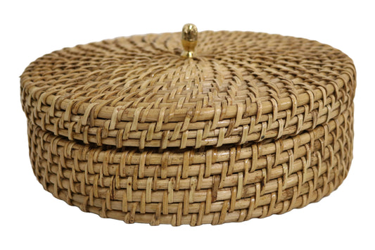 Home&Manor 10" Rattan Brass Knob Box