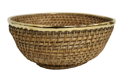 Home&Manor 12" Rattan Hammered Brass Rim Basket