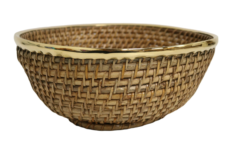 Home&Manor 12" Rattan Hammered Brass Rim Basket