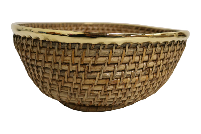 Home&Manor 12" Rattan Hammered Brass Rim Basket