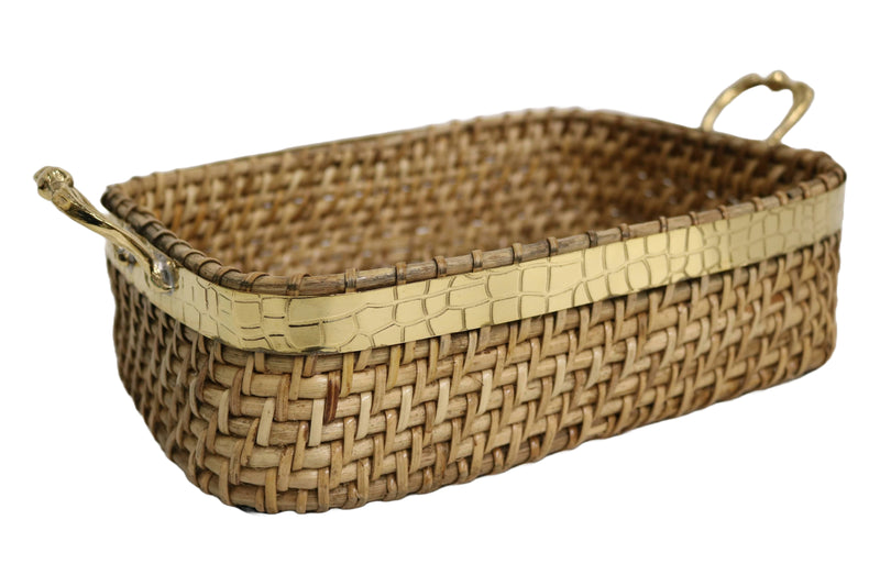 Home&Manor 10" Rattan Deep Tray with Brass Accessories