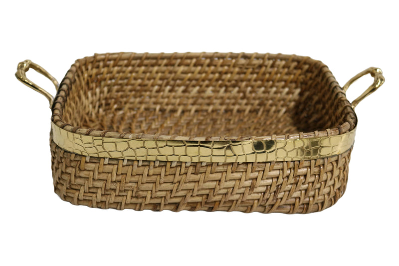 Home&Manor 10" Rattan Deep Tray with Brass Accessories