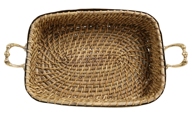 Home&Manor 10" Rattan Deep Tray with Brass Accessories