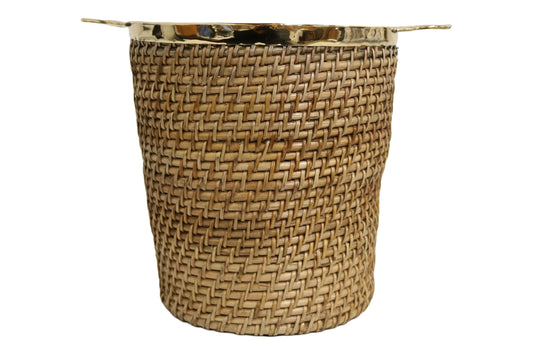 Home&Manor 11" Rattan Planter with Etched Brass Rim