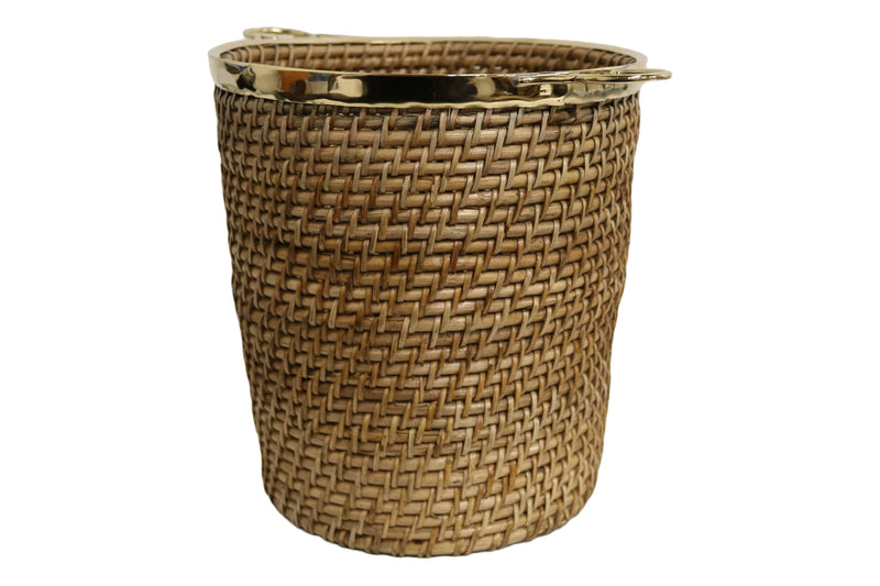 Home&Manor 11" Rattan Planter with Etched Brass Rim