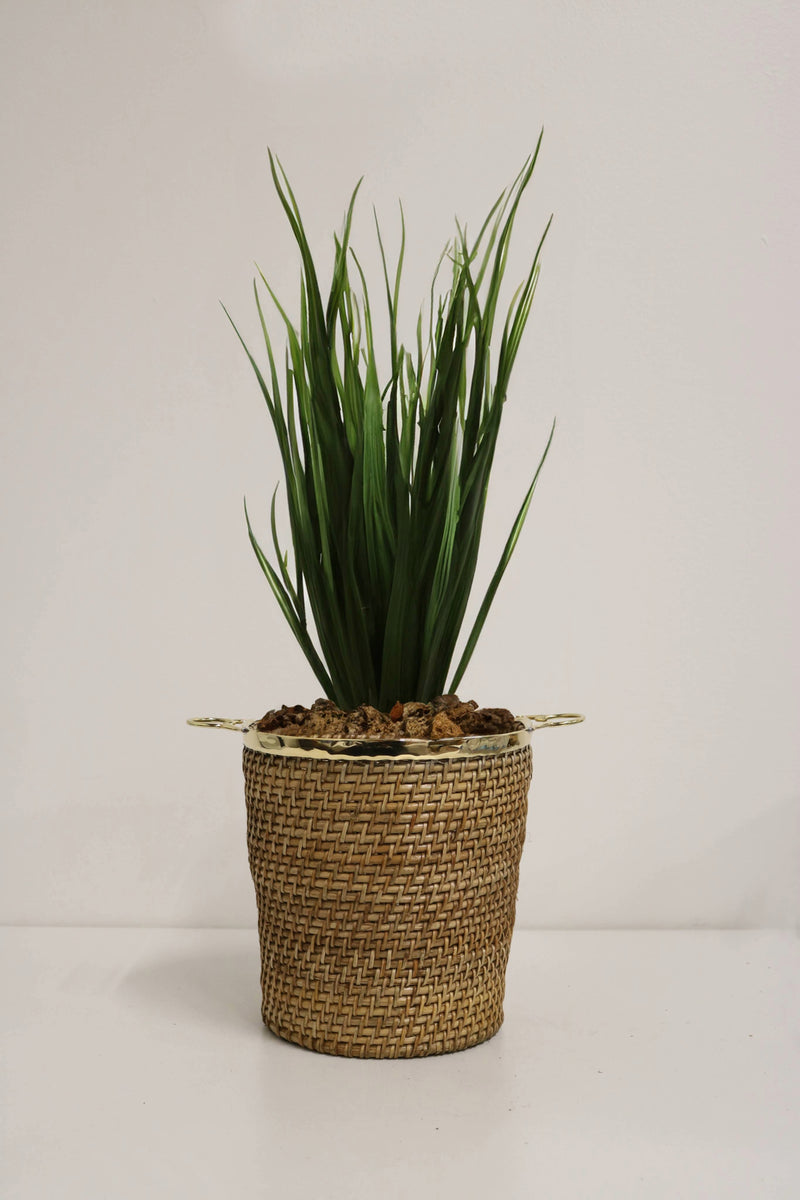 Home&Manor 11" Rattan Planter with Etched Brass Rim