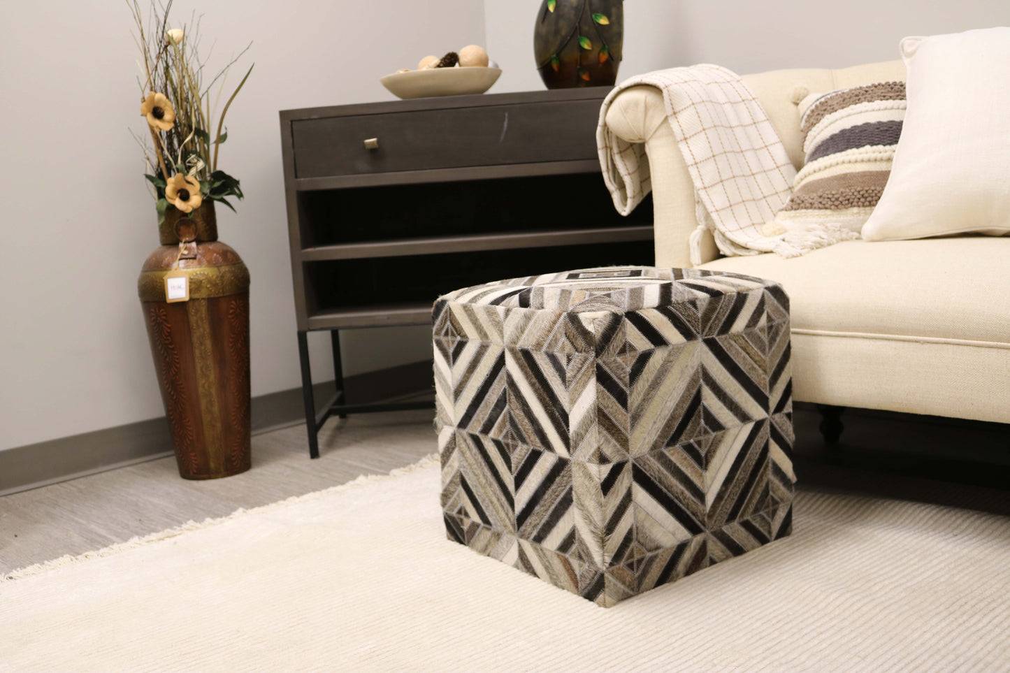 Almeria 100% Cowhide Leather Cube Pouf
