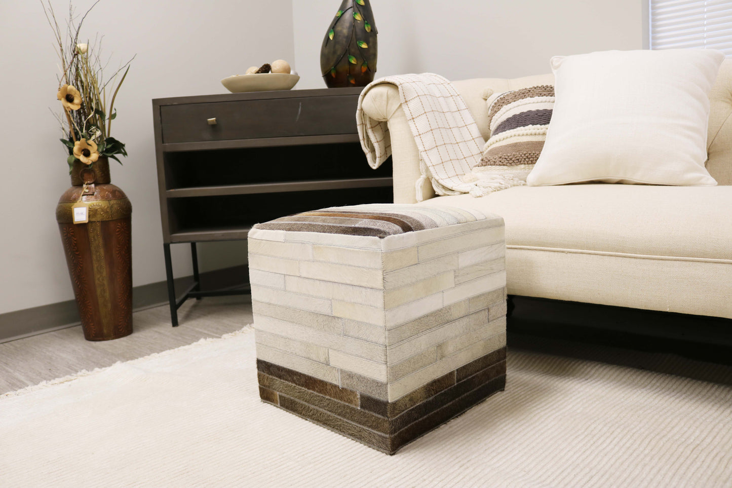 Toledo 100% Cowhide Leather Cube Pouf