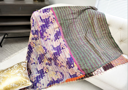 Vibrant Vintage Indian Kantha Sari Work Organic 100% Silk Throw Reversible