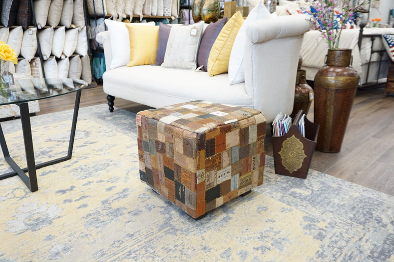 Hand-Stitched Leather Pouf