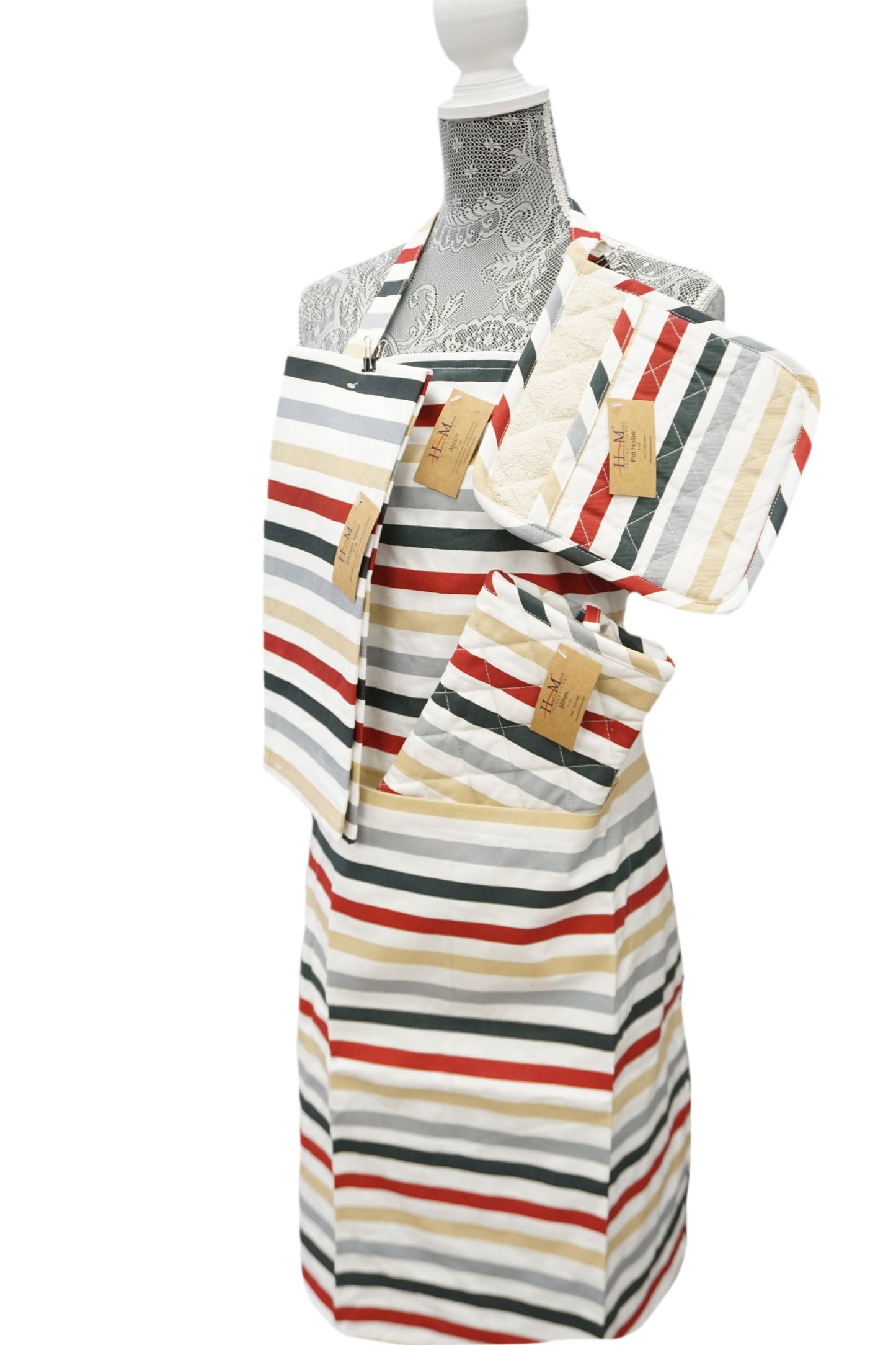 Kitchen Apron Red Green & Gray Stripe Design