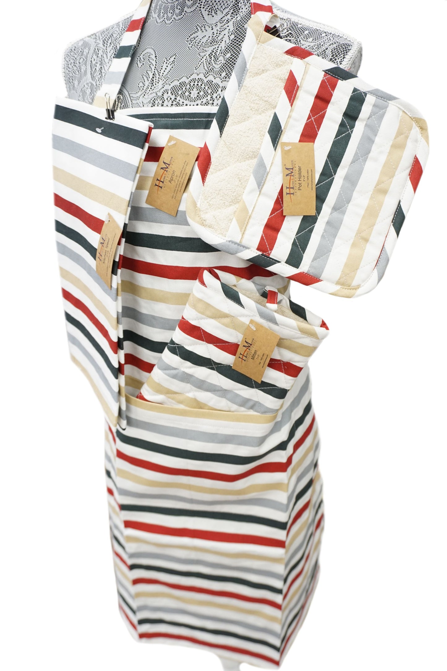 Kitchen Apron Red Green & Gray Stripe Design